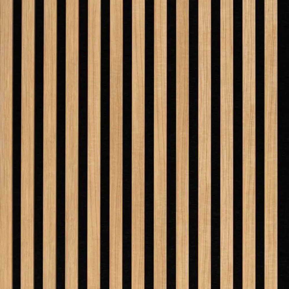 Detail van Classic Oak akoestisch wandpaneel met verticale lamellen en voelbare nerf.