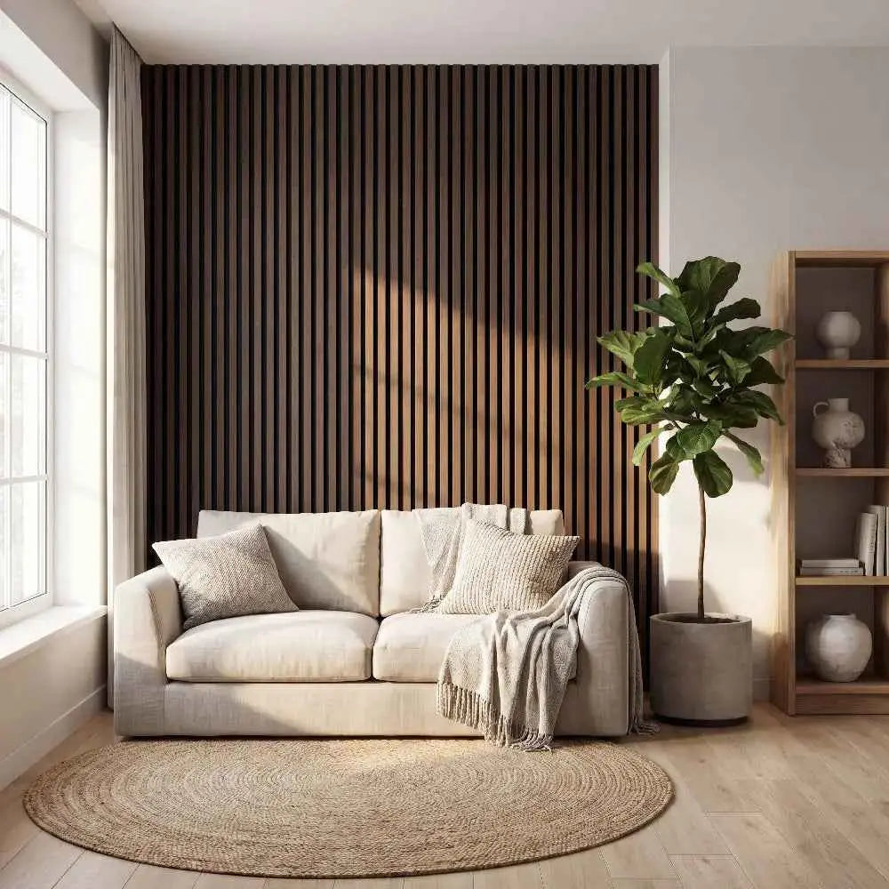 Gezellige woonkamer met Sooty Oak wandpanelen als warme accentmuur