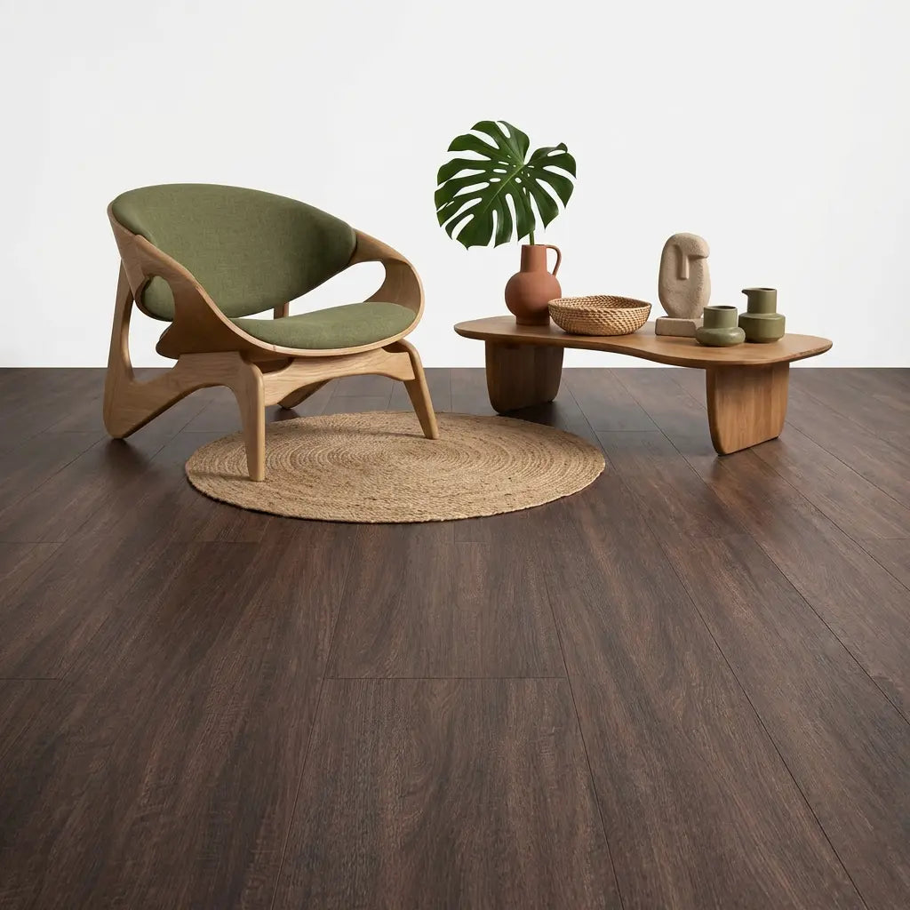 Ruimte met designstoel op Armonia Large Palermo laminaat vloer donkerbruin