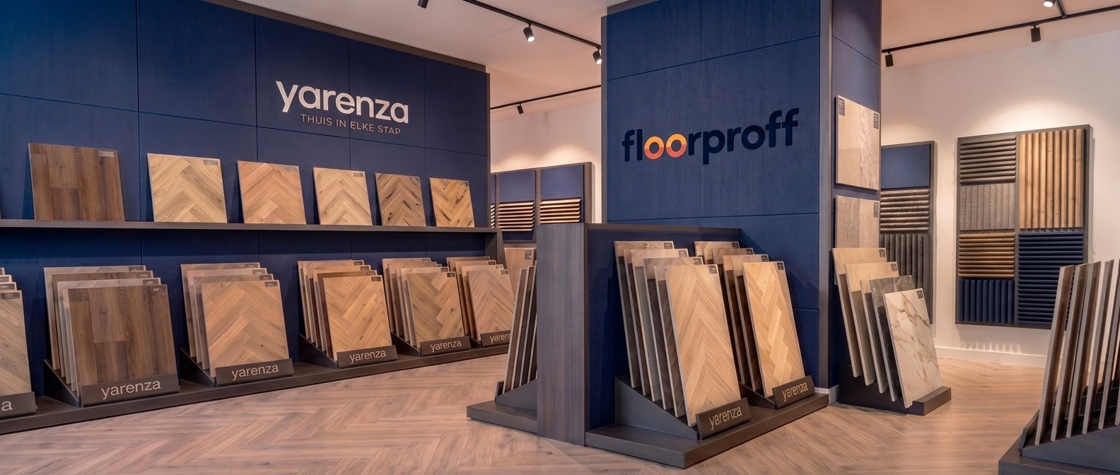 floorproff en Yarenza showroom met vloer-, wand- en materiaalstalen