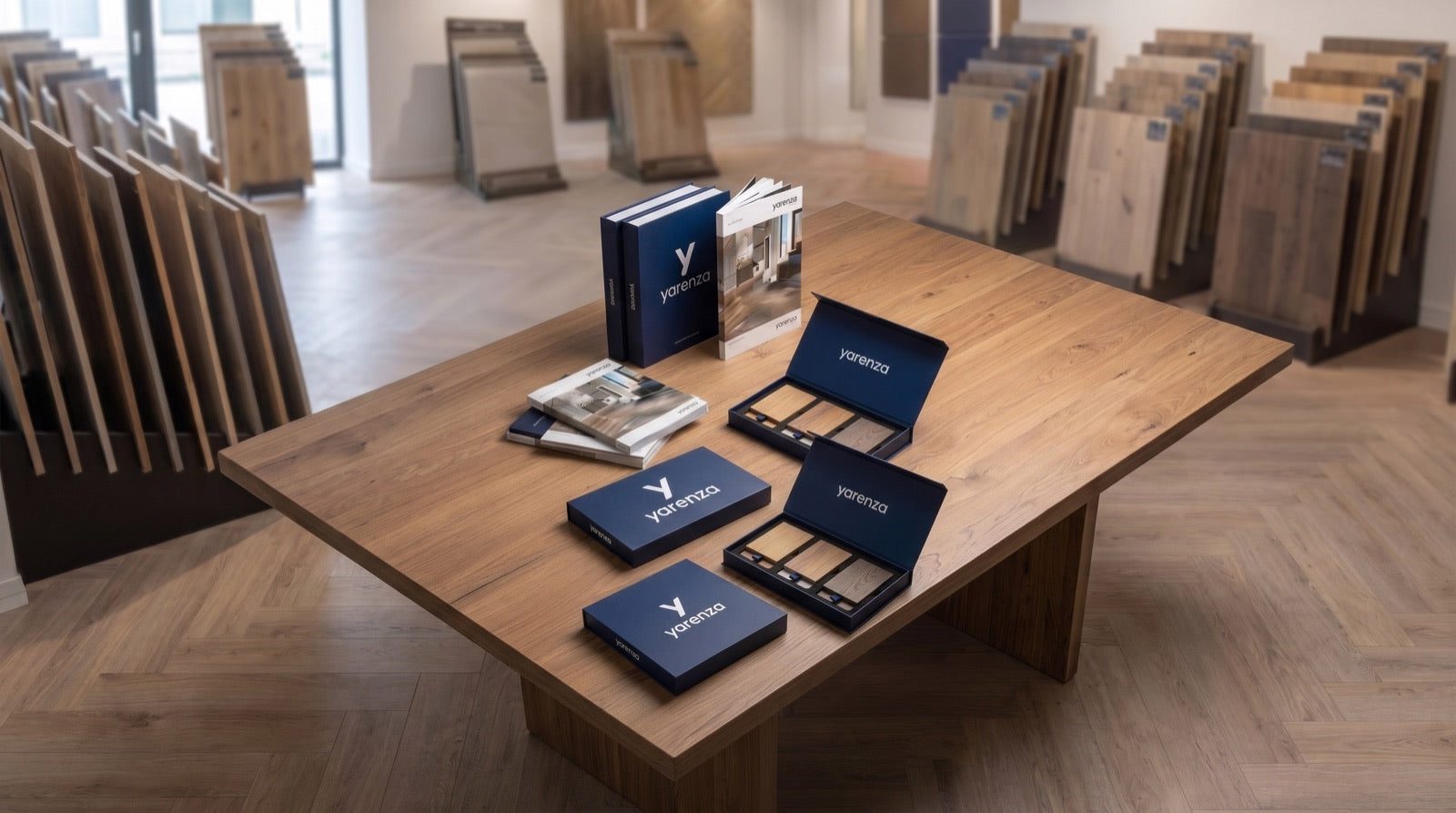 Yarenza stalenkoffers en catalogi in een showroom