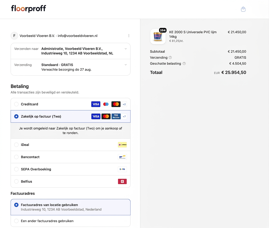 FloorPROFF checkout met betaalmethoden waarin Zakelijk op factuur (Two) is geselecteerd