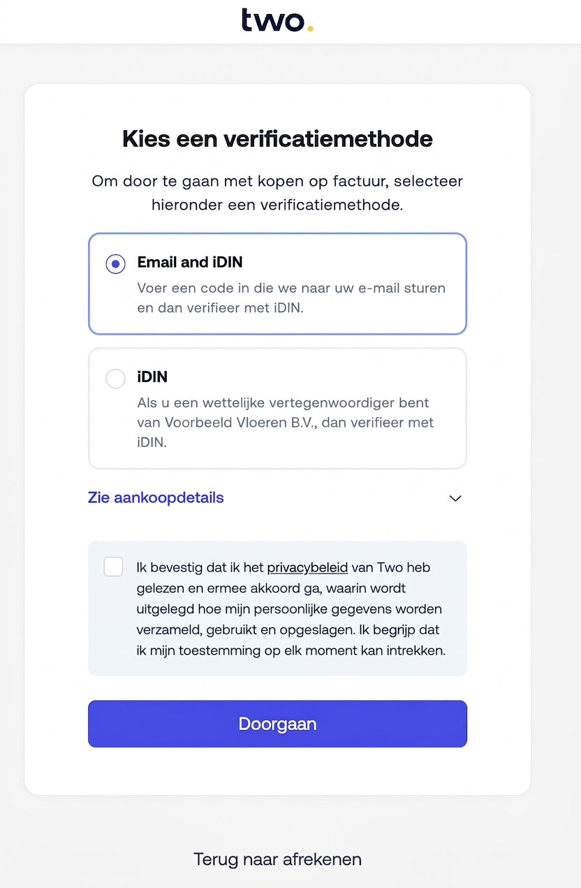 Two scherm met keuze tussen Email and iDIN verificatiemethode
