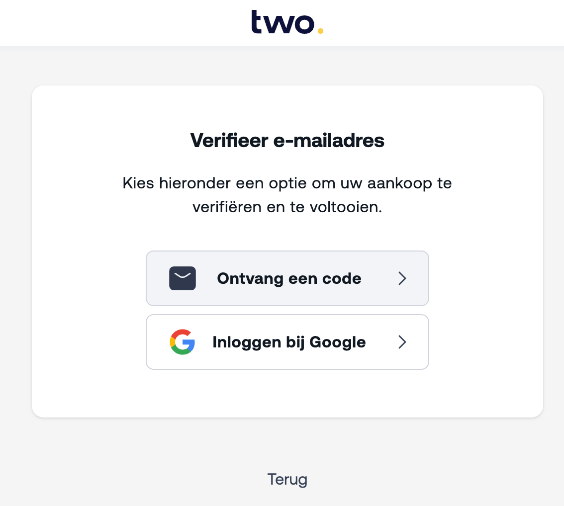 Two e-mailverificatie scherm met opties om een code te ontvangen of in te loggen via Google