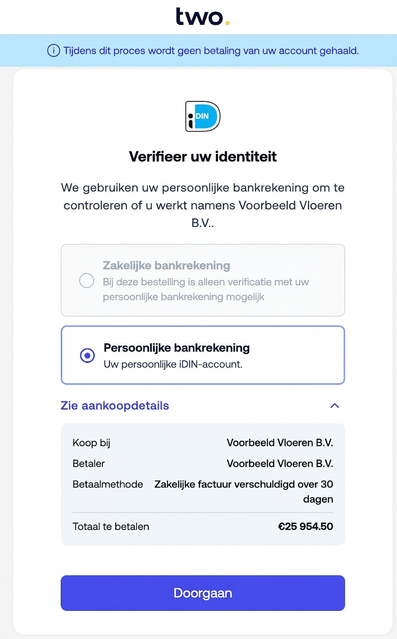 Two iDIN identiteitsverificatie scherm waarbij persoonlijke bankrekening wordt geselecteerd