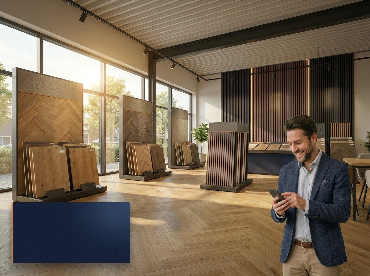 Yarenza showroom met man met smartphone